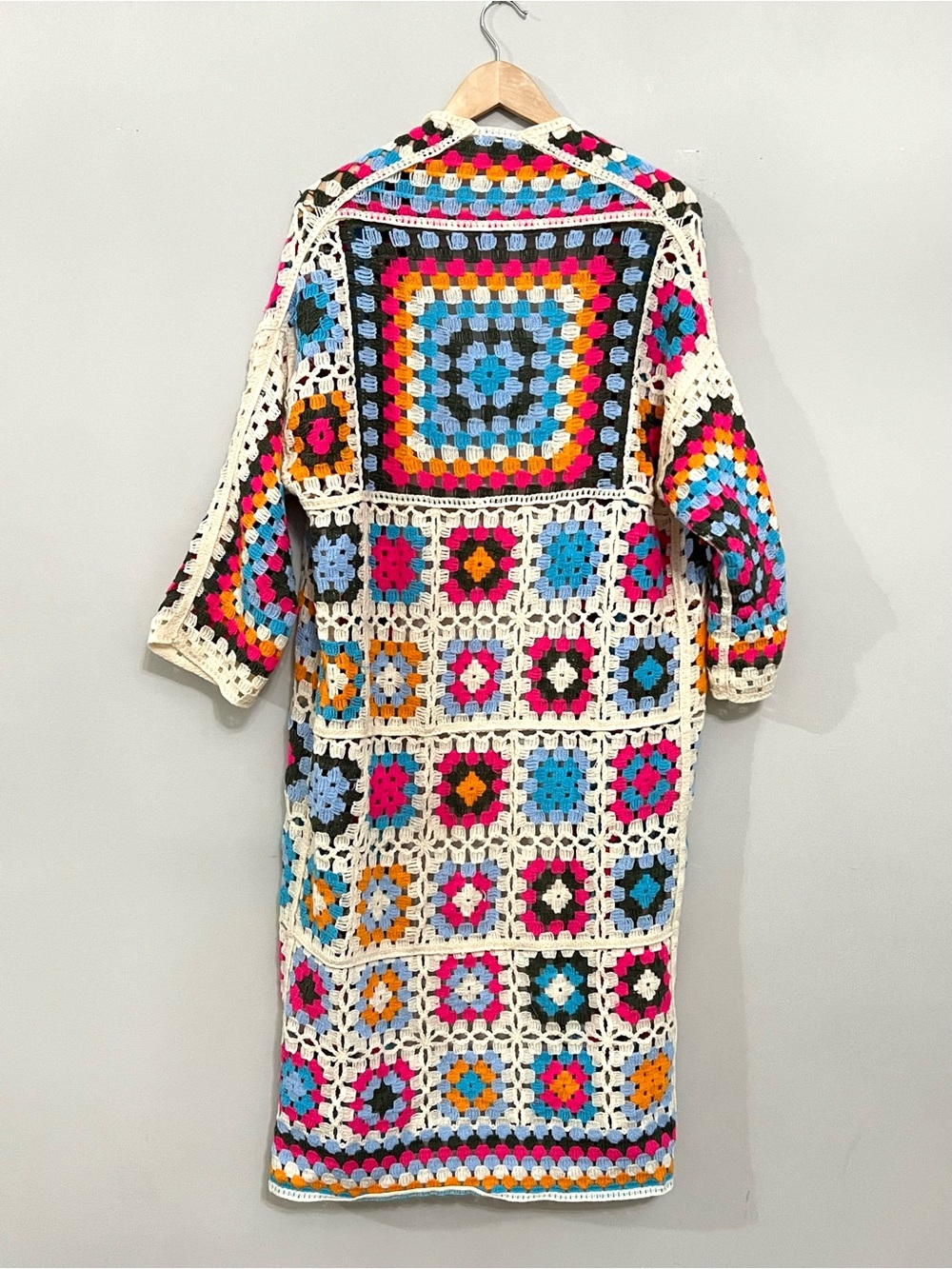 POL Colorful Granny Square Crochet Long Duster Cardigan one size boho - Picture 9 of 9